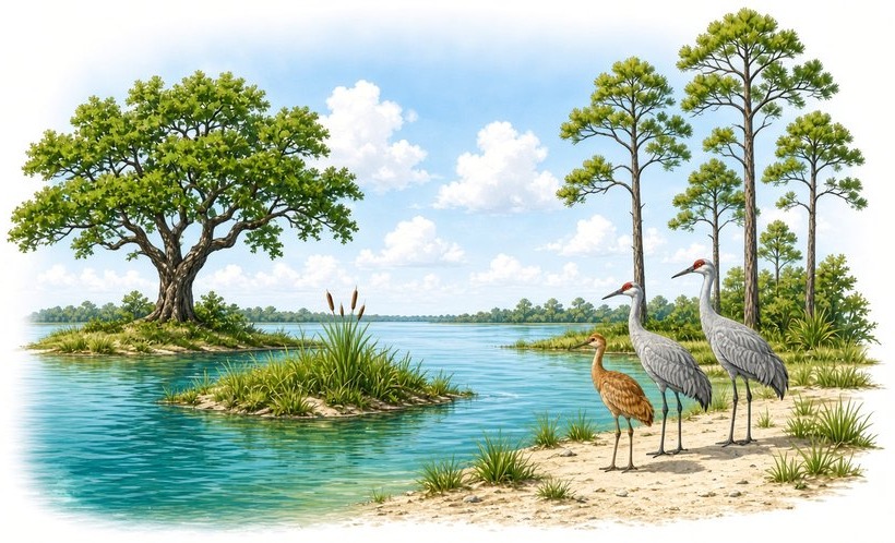 Slash pines, wetland beach, and sandhill cranes